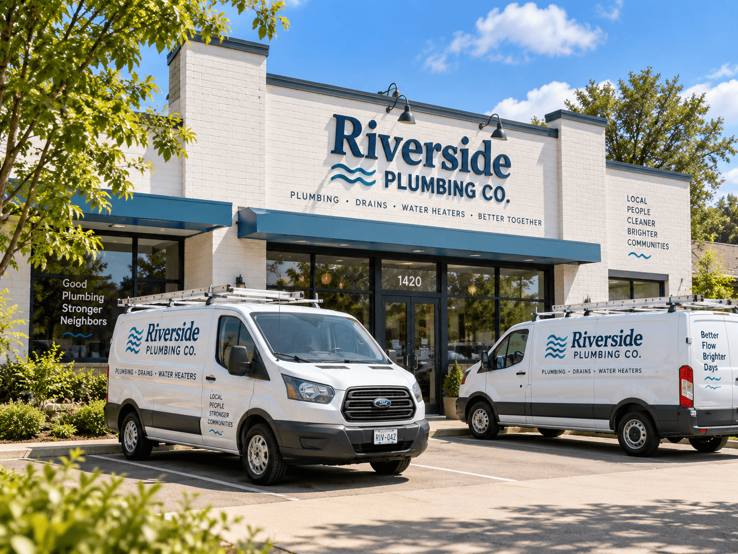 Local plumbing business storefront with service vehicles