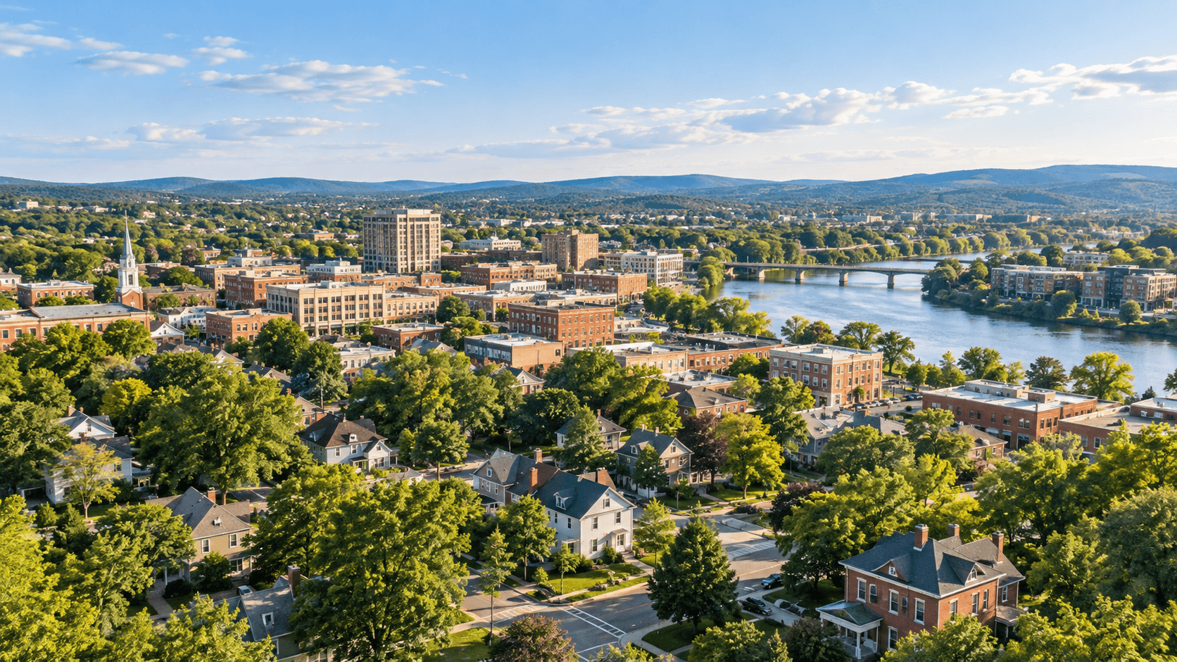 Local community with homes and businesses surrounding a downtown district