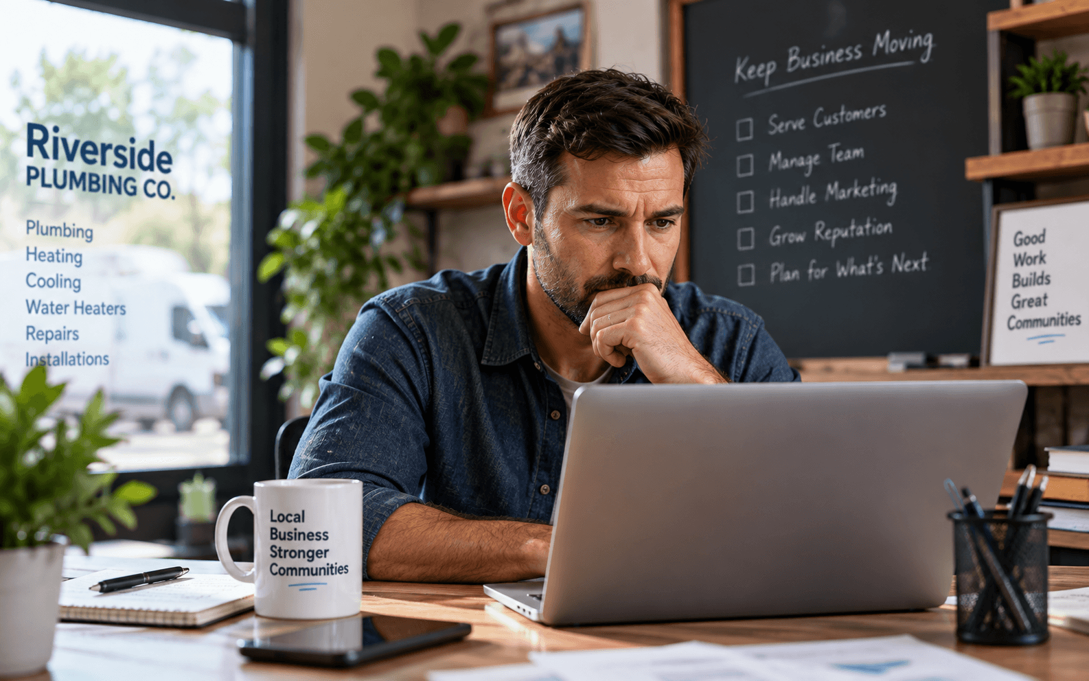 Small business owner sitting at a laptop, surrounded by scattered marketing tools and platforms