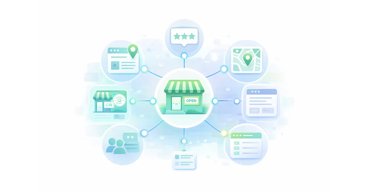 Diagram showing AI understanding a local business as a single entity connected to its website, Google Business Profile, reviews, directories, maps, and social mentions