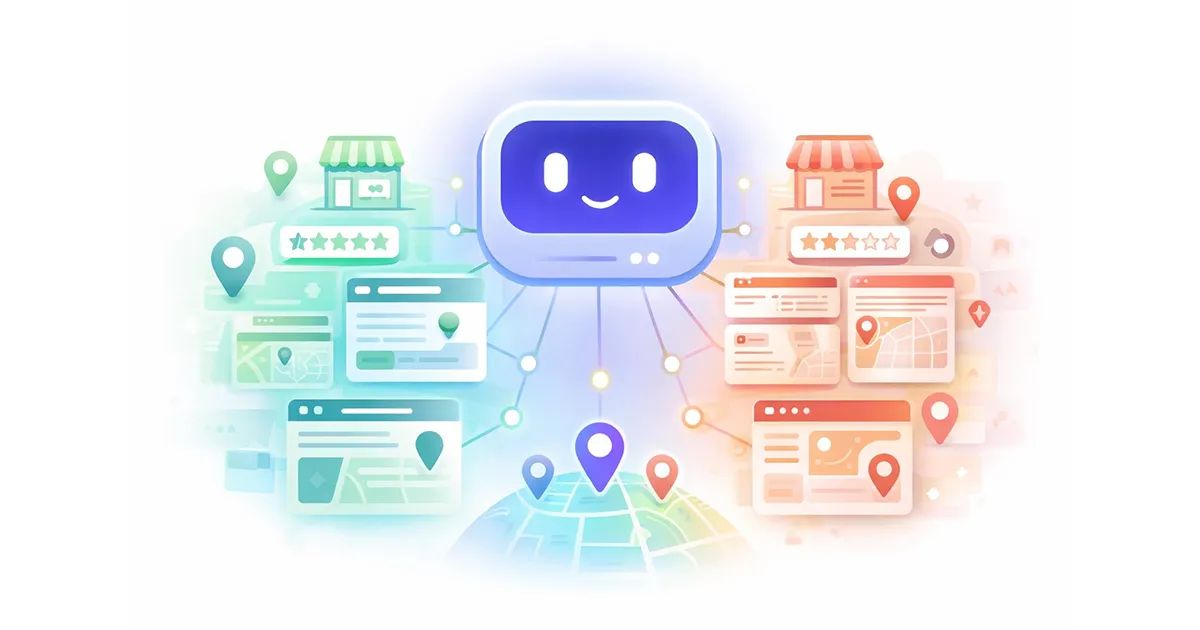 Illustration showing AI assistants analyzing local business listings, reviews, maps, and website data to confidently recommend trusted local businesses in 2026.