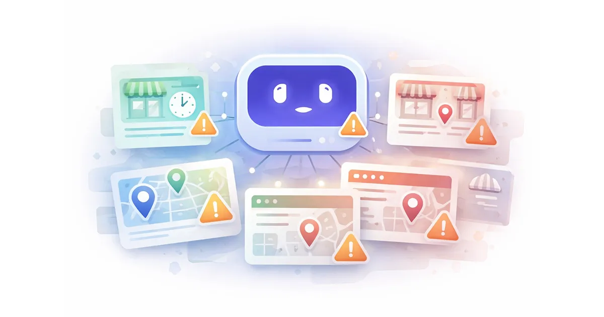 Illustration showing AI encountering conflicting business data such as mismatched hours, addresses, and duplicate listings
