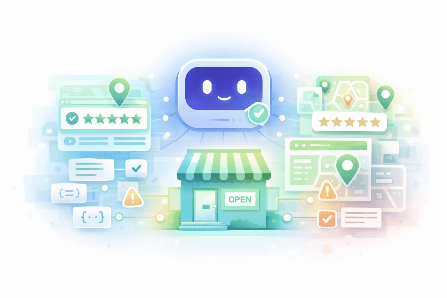 Illustration showing a local business surrounded by clean listings, strong reviews, structured data, and aligned AI signals