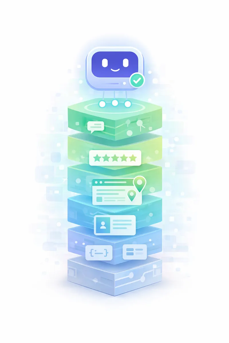 Vertical diagram illustrating the AI local visibility stack, from structured data at the base to AI confidence at the top