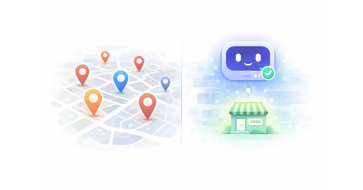Split illustration comparing crowded map-based visibility with AI recommending a single trusted business