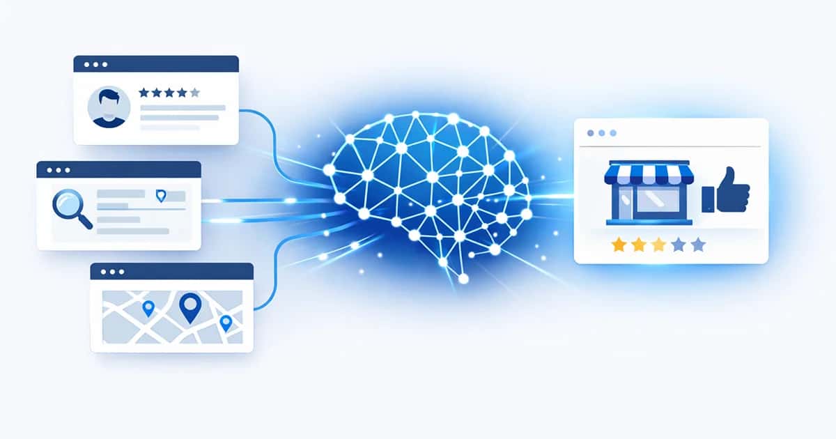 Illustration of AI systems analyzing local business signals like reviews, directories, and trusted mentions to recommend businesses.