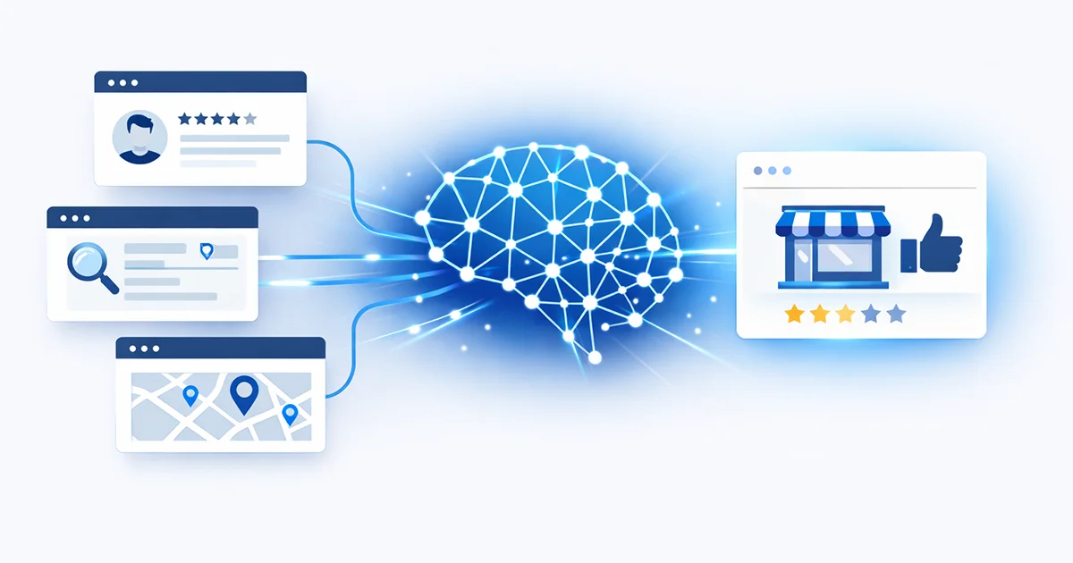 Illustration of AI systems analyzing local business signals like reviews, directories, and trusted mentions to recommend businesses.