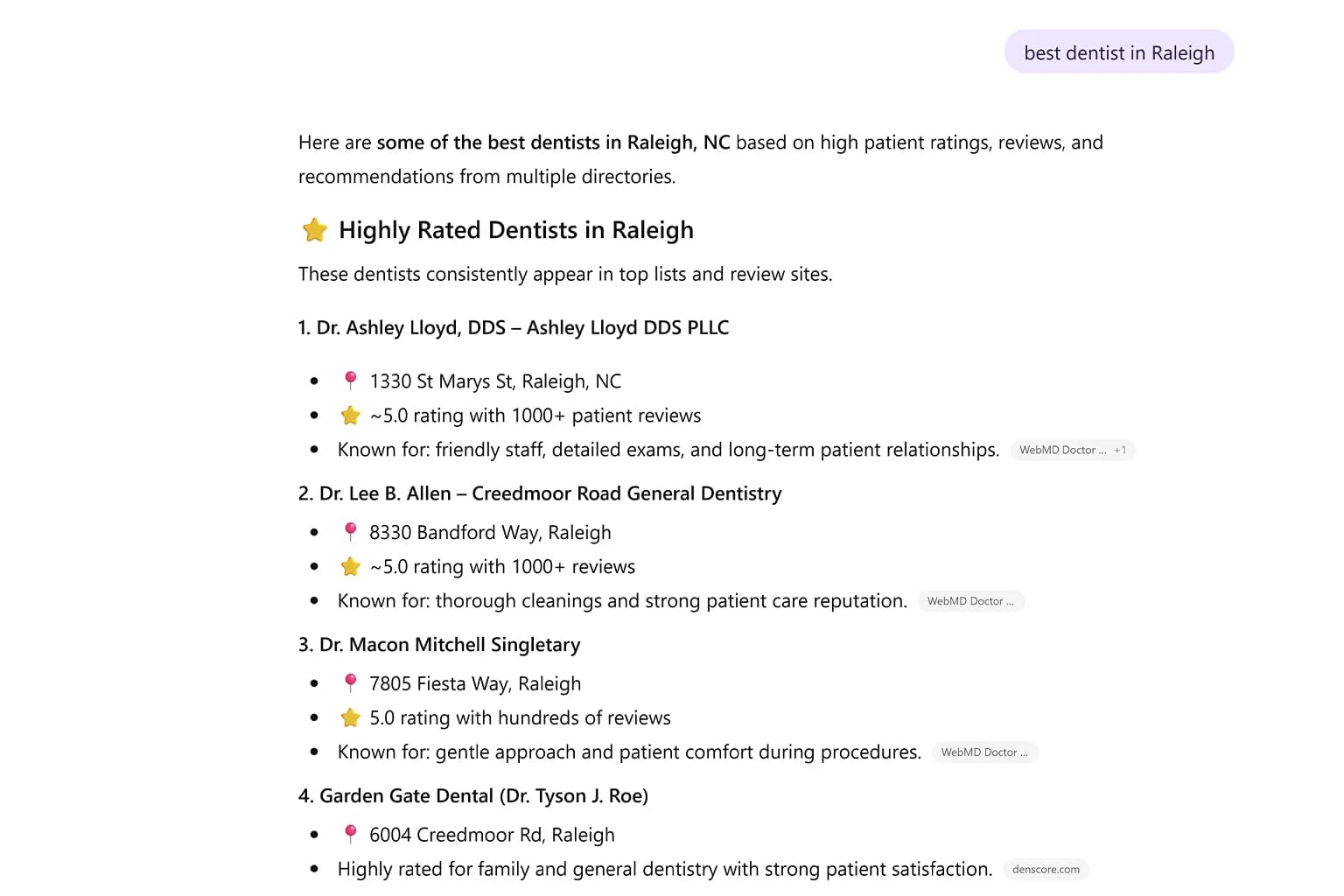 Screenshot of ChatGPT recommending local businesses in response to a service search query.