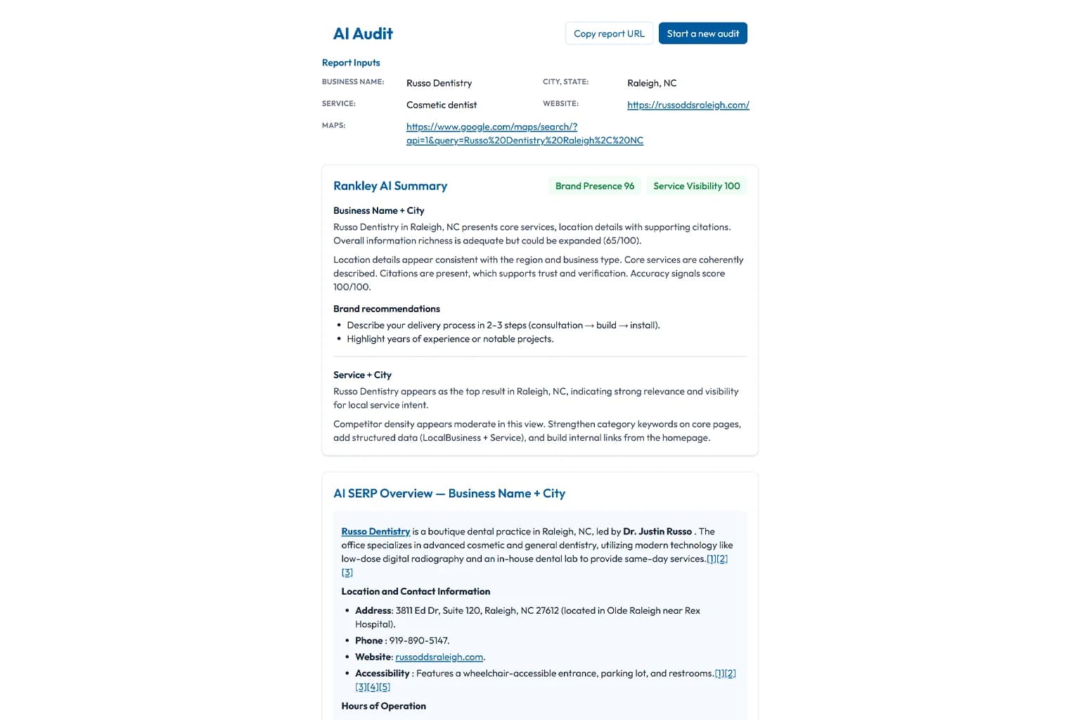 Screenshot of the Rankley AI Visibility Tool showing how a business appears in ChatGPT results.