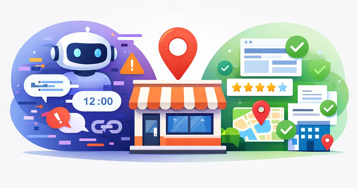 Illustration showing AI-generated misinformation being corrected by verified local SEO signals like reviews, citations, and structured data.