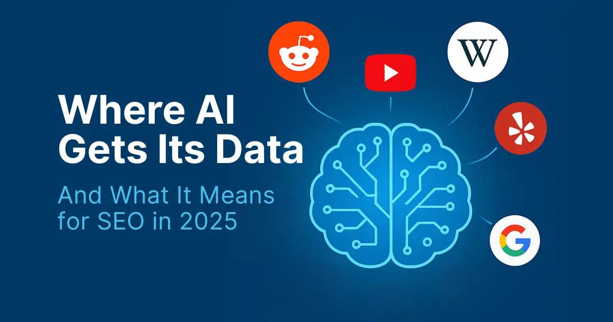 AI brain illustration showing how search engines and AI tools gather data from websites like Reddit, YouTube, Wikipedia, Yelp, and Google — featured image for Rankley’s 2025 SEO insights article.