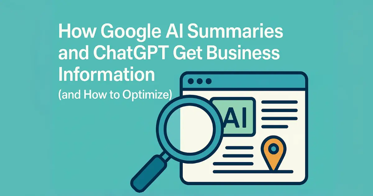 Illustration showing how Google AI Summaries and ChatGPT collect and display business information.