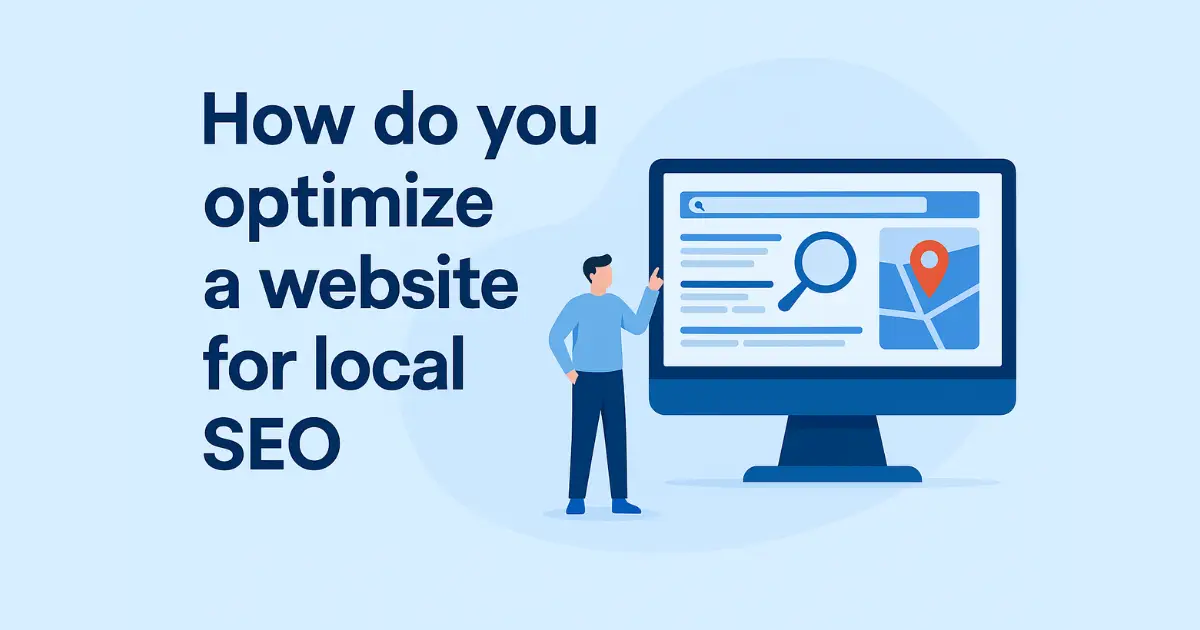 Illustration showing a local business website optimized for search with map pins, page speed, schema, and mobile usability icons