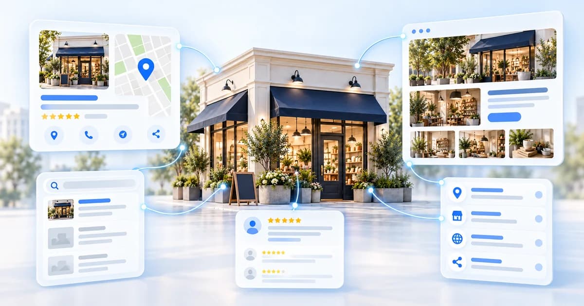 Local business connected to its profile, website, reviews, directory listing, and a local publication through matching business details.