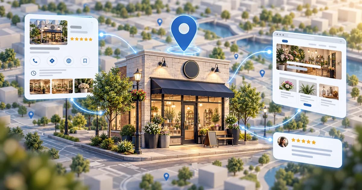 Local business storefront connected to a map, Business Profile, website, and customer reviews representing a stronger local presence.