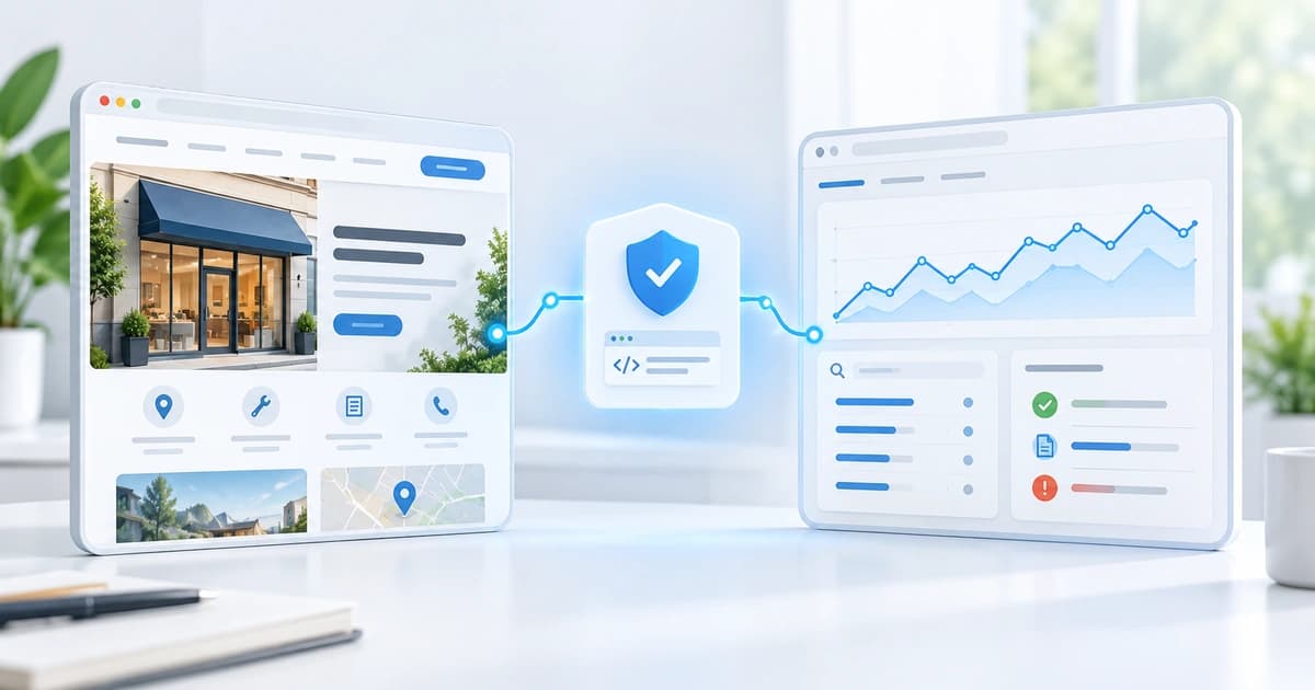 Premium editorial illustration showing a small-business website connected through ownership verification to search-performance and indexing information.
