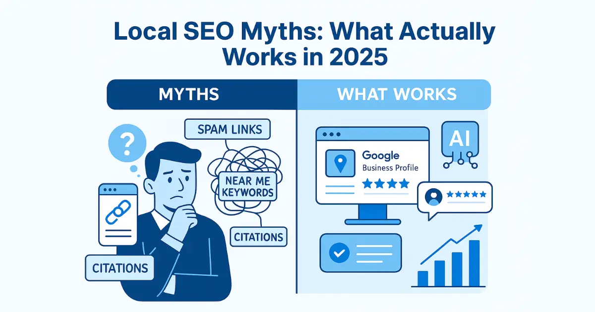 Illustration showing outdated Local SEO myths on one side and modern AI-powered local search strategies on the other, representing 7 Local SEO Myths You Need to Stop Believing in 2025.