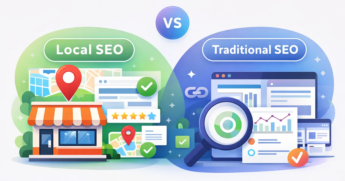 Illustration comparing local SEO vs traditional SEO for small businesses.