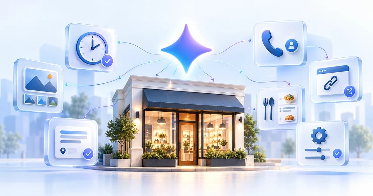 Local business surrounded by Gemini-assisted profile management controls for hours, contact information, links, media, menus, attributes, and business details.