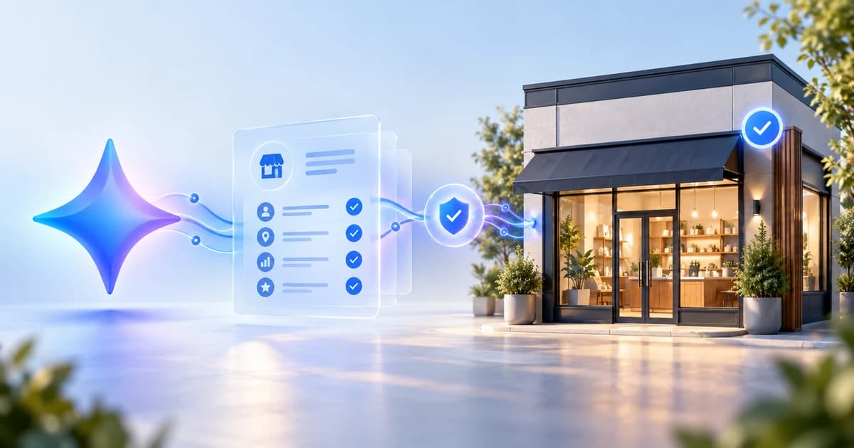 Gemini connecting through a profile authorization layer to a verified local business storefront.