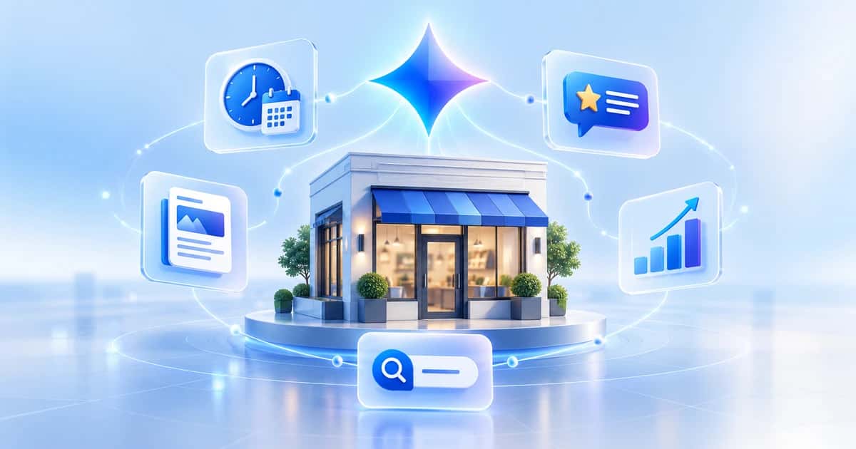 AI-powered local business illustration showing Gemini connected to Google Business Profile management tasks including hours, reviews, posts, performance, and search.