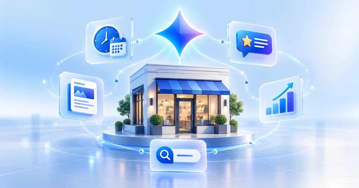 AI-powered local business illustration showing Gemini connected to Google Business Profile management tasks including hours, reviews, posts, performance, and search.