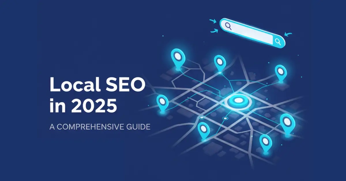Flat-style digital illustration showing a futuristic city map with glowing blue location pins, a central data node, and a search bar, representing modern Local SEO and AI technology in 2025.