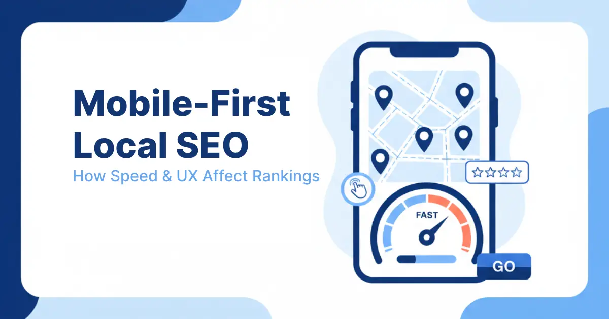 Illustration of a smartphone showing nearby search results with map pins, representing mobile-first local SEO.