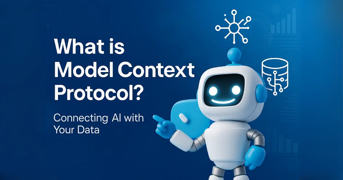 Illustration showing an AI assistant connected to analytics, SEO, and business data sources using Model Context Protocol