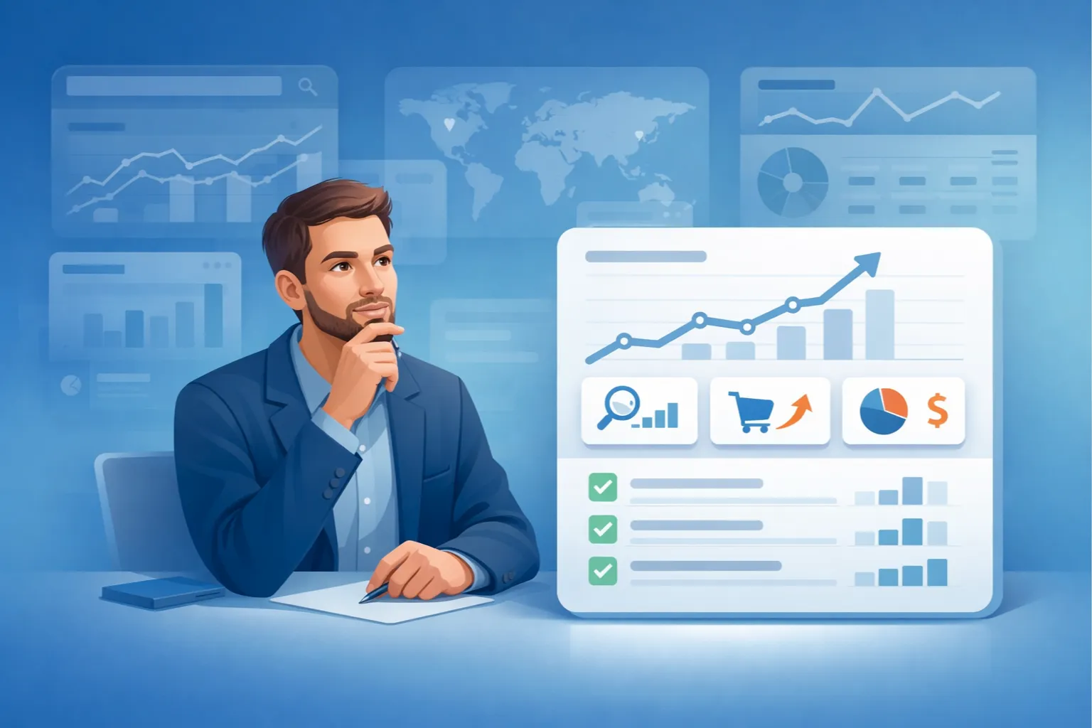 Illustration of an agency marketer thoughtfully evaluating SEO tools, with complex data dashboards fading into the background and a clear, sales-ready report in the foreground.
