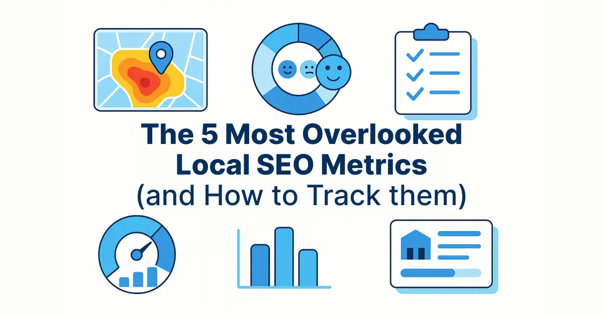 Illustration showing hidden local SEO metrics like map heatmaps, sentiment trends, speed distribution, and listing completeness