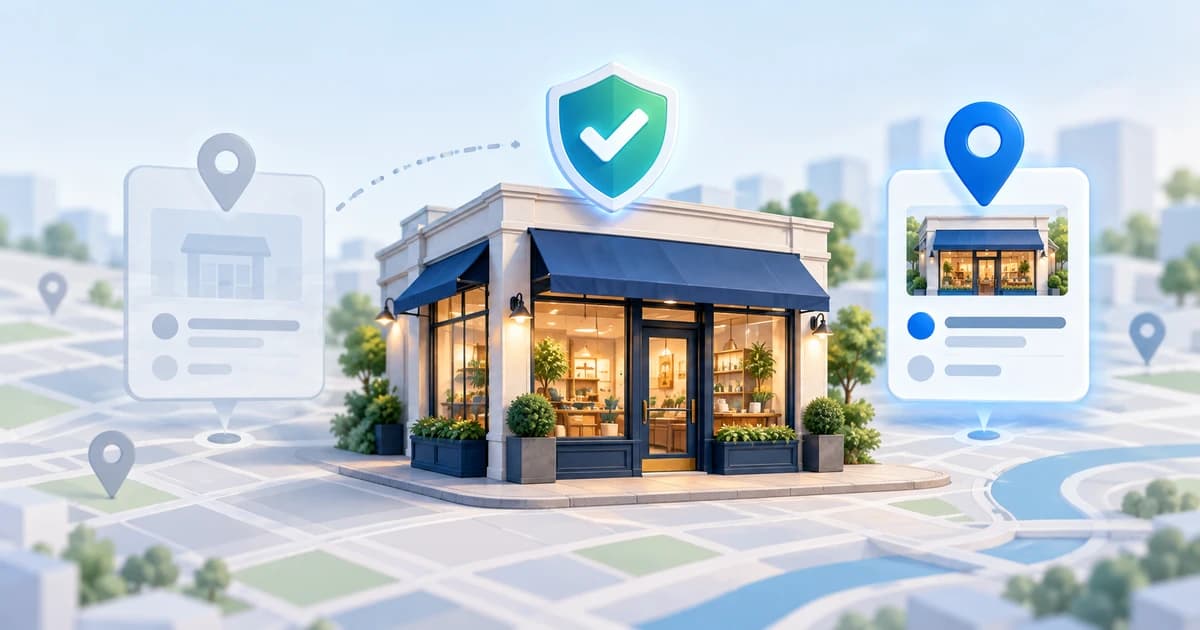 Local business storefront with a verification shield and profile status transitioning from inactive to active.