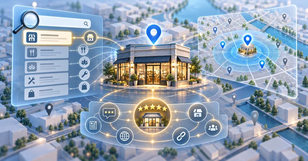 Local business surrounded by search relevance signals, geographic distance rings, and reputation and authority signals.