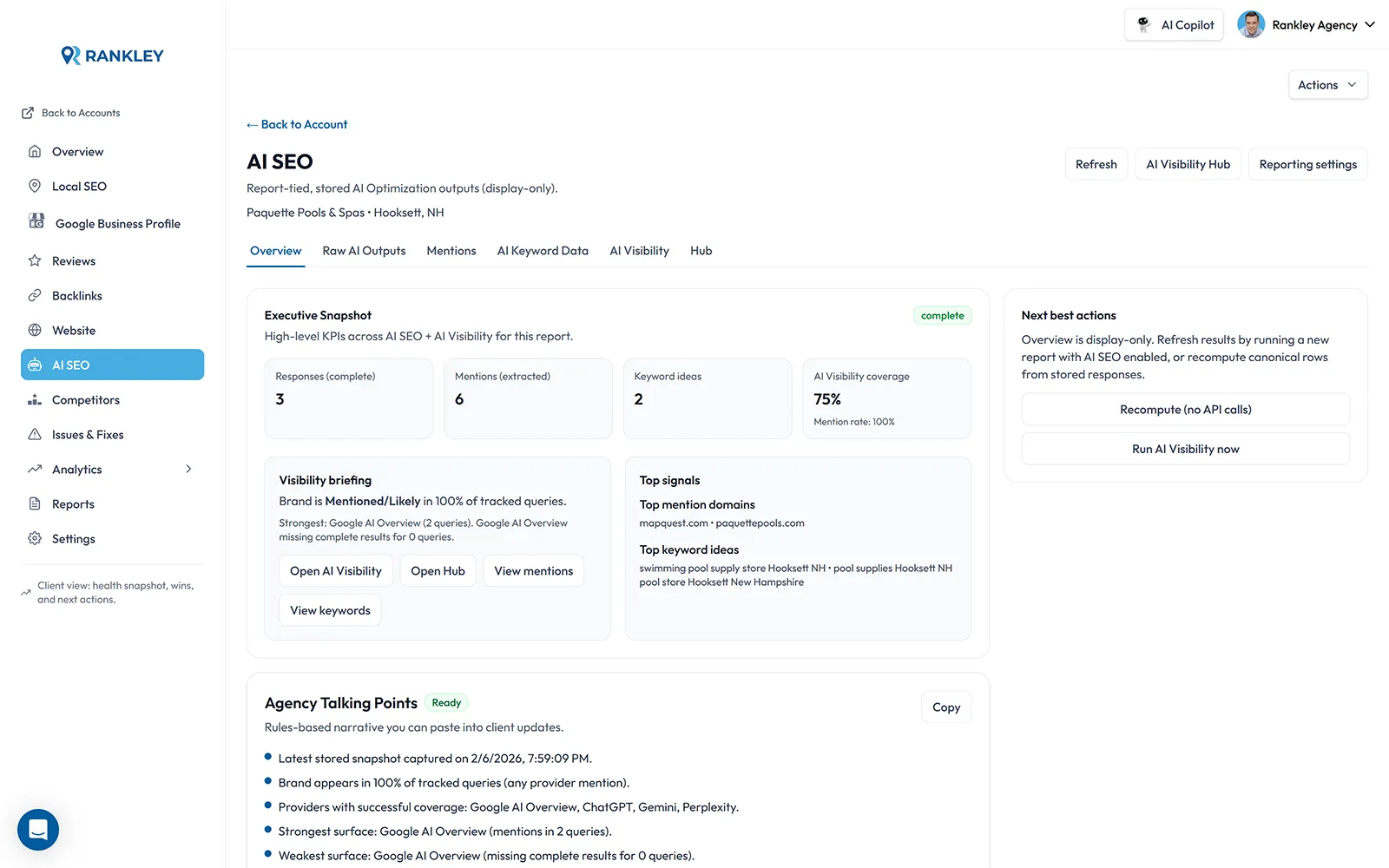 AI SEO dashboard showing how a business appears in AI-generated answers across platforms