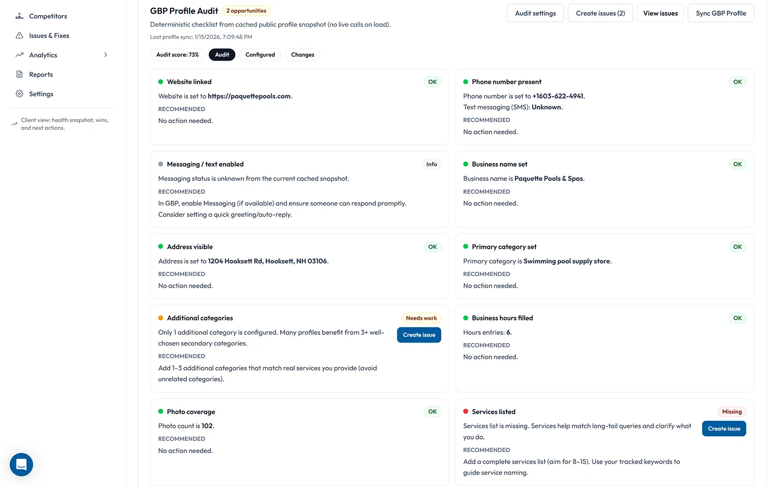 Public GBP snapshot audit detail (issues and fixes) screenshot placeholder