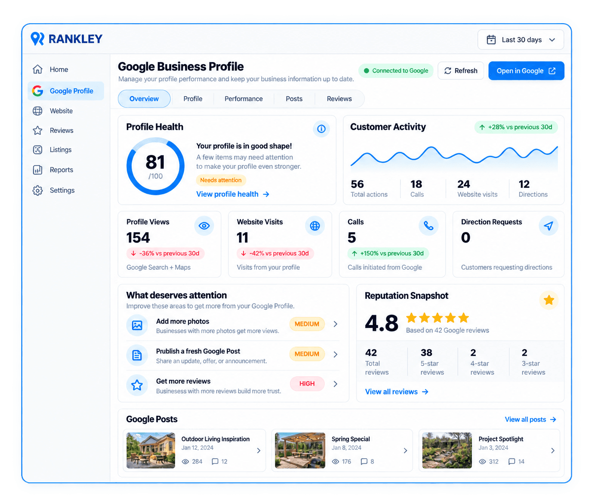 Rankley Google Profile workspace showing profile health, customer activity, visibility, reputation, and recommended areas to review.