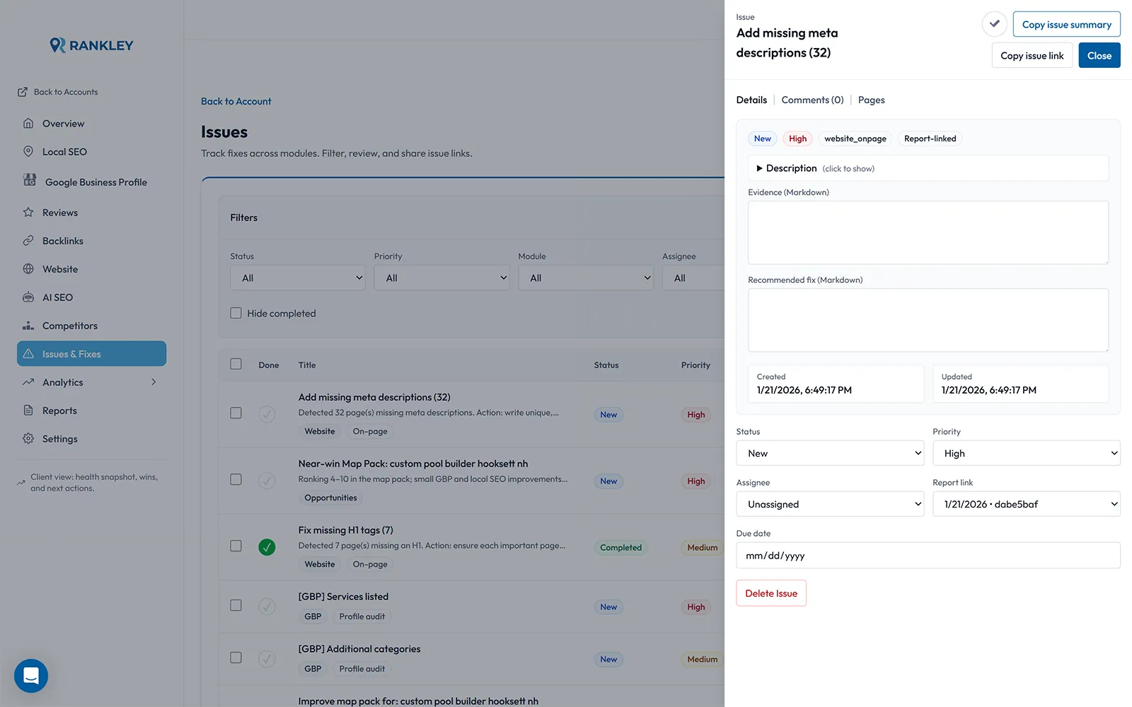 Issues list with status and priority preview