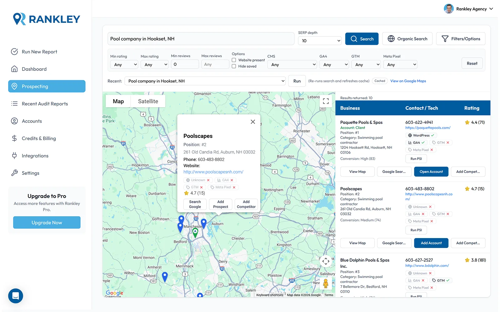Rankley prospecting dashboard preview