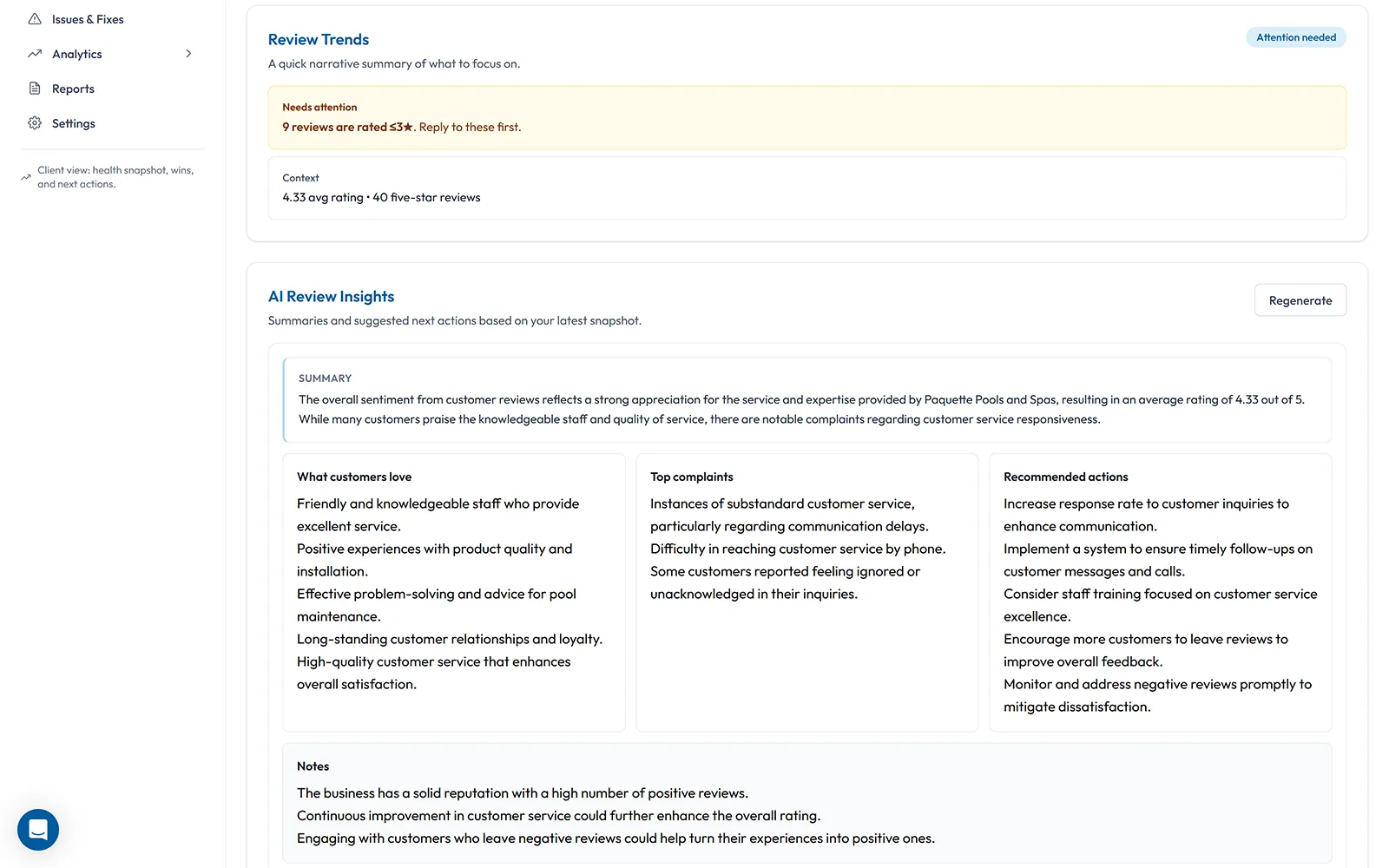 Reviews and reputation trends and trust signals screenshot