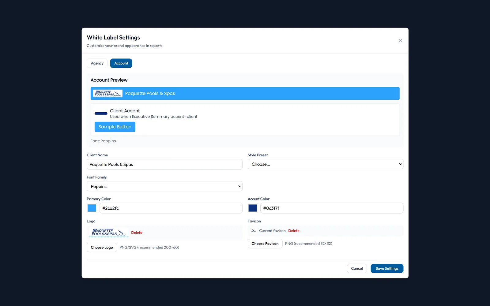 Client account branding settings for reports