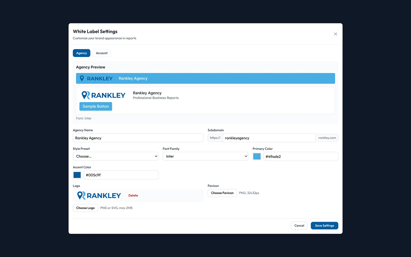 Agency white-label settings for logo, colors, font, and subdomain