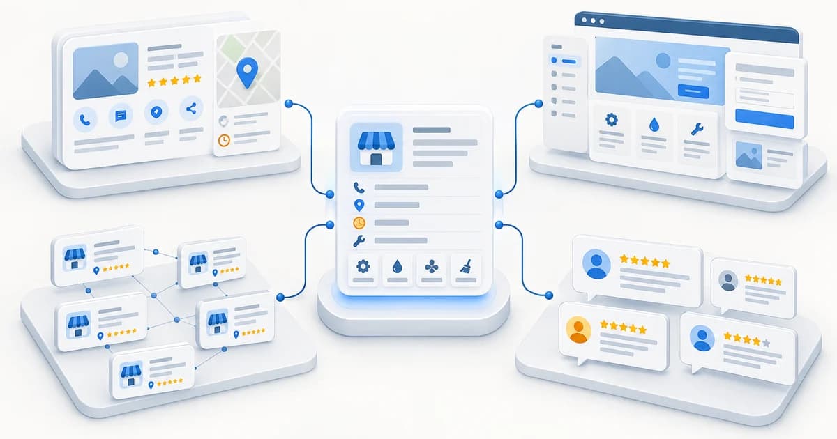 Diagram showing one local business information core connected to a Business Profile, website, business listings, and customer reviews.