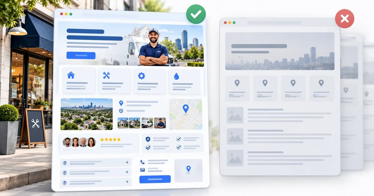 Comparison of a detailed useful local service page with a thin repetitive city page that provides little unique information.