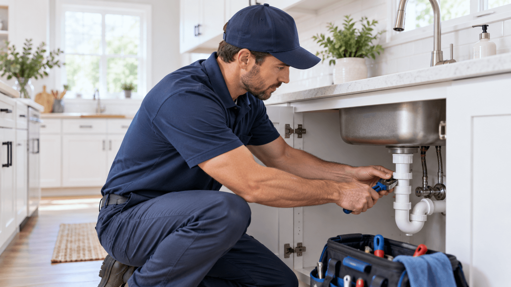 Professional plumber repairing pipes beneath a kitchen sink