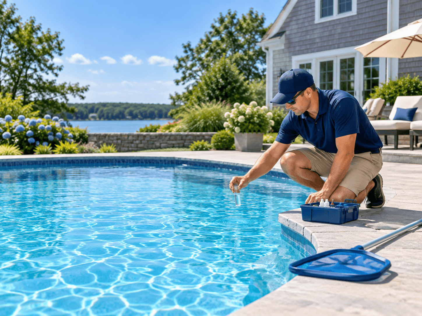 Pool service technician testing water at a residential swimming pool