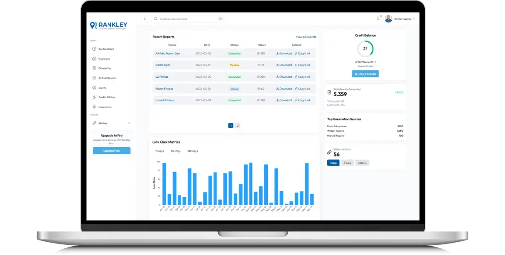 Rankley dashboard preview showing audits, local visibility, and reporting