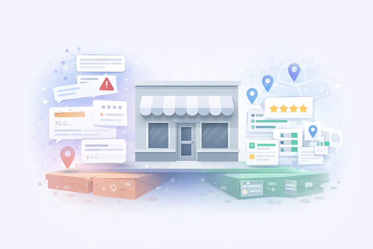 Illustration showing how reviews, listings, and website signals influence AI answers