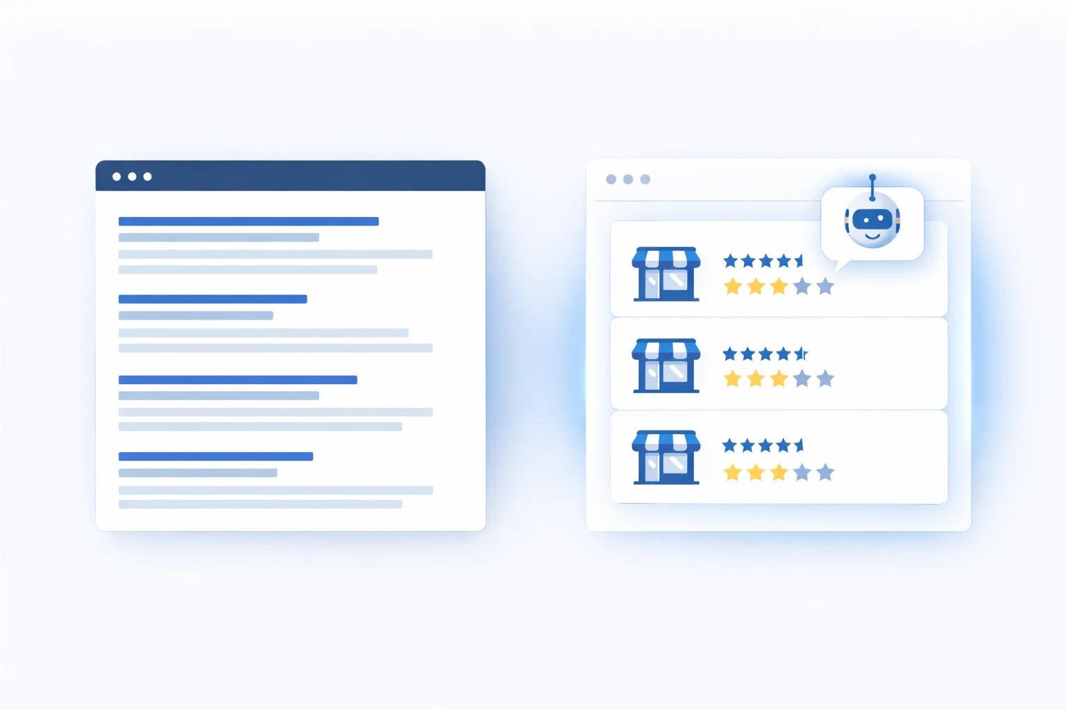 Illustration comparing traditional search engine results with AI-generated local business recommendations.