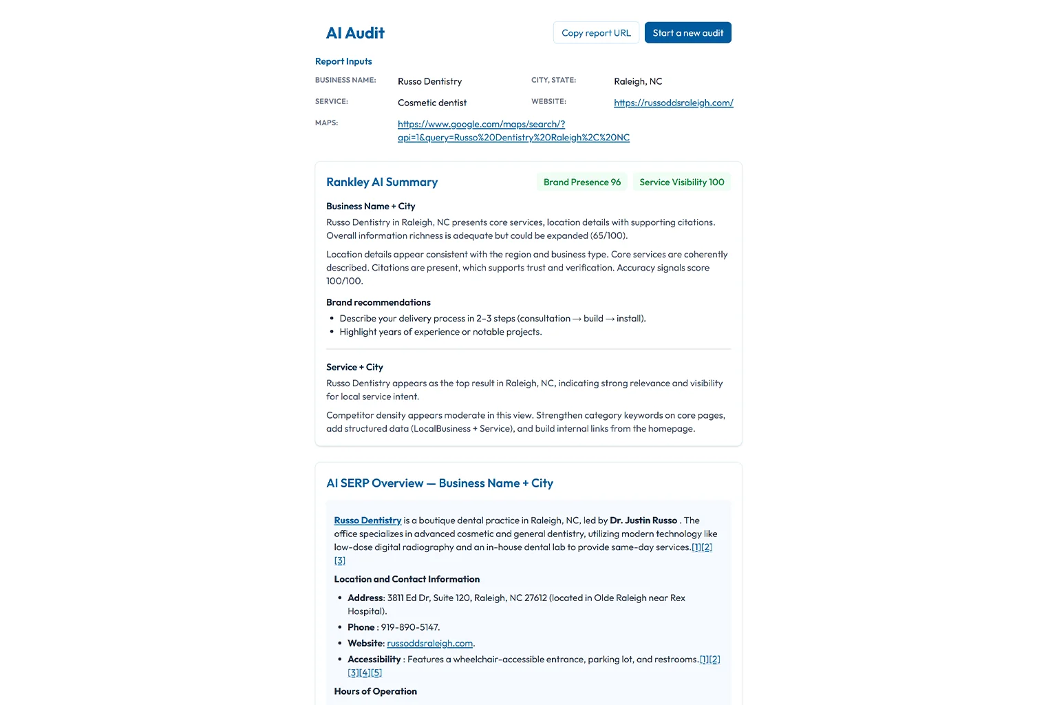 Screenshot of the Rankley AI Visibility Tool showing how a business appears in ChatGPT results.