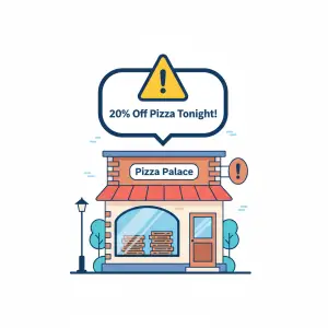 Flat illustration of a pizza shop with an AI-generated speech bubble advertising a fake 20% off deal, symbolizing AI misinformation in local SEO.